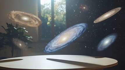 Futuristic Space Exploration Concept with Galaxies Displayed in a Modern Interior Science Room