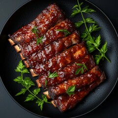 Deliciously Glazed Pork Ribs Presented on a Rustic Dark Plate, Perfectly Barbecued and Garnished.