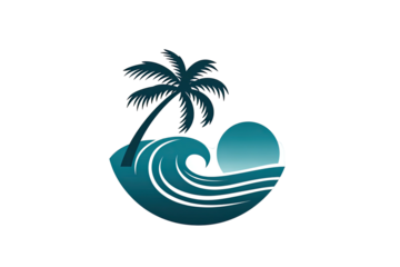 Silhouette logo of a palm tree, wave, and sun. Uses gradient blues against black