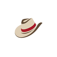 A stylized illustration of a cowboy hat in shades of brown and tan, featuring a red band