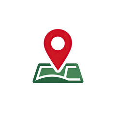 A location pin icon overlaid on a simplified map outline, depicted against a dark background