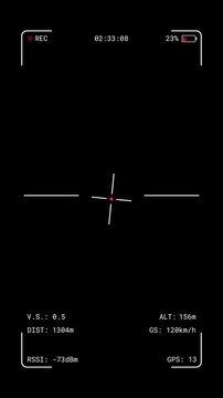 Vertical FPV Drone camera viewfinder. Interface with flight telemetry indicators. Quadcopter OSD mobile screen with altitude, speed, battery, and GPS data. Smartphone reel overlay