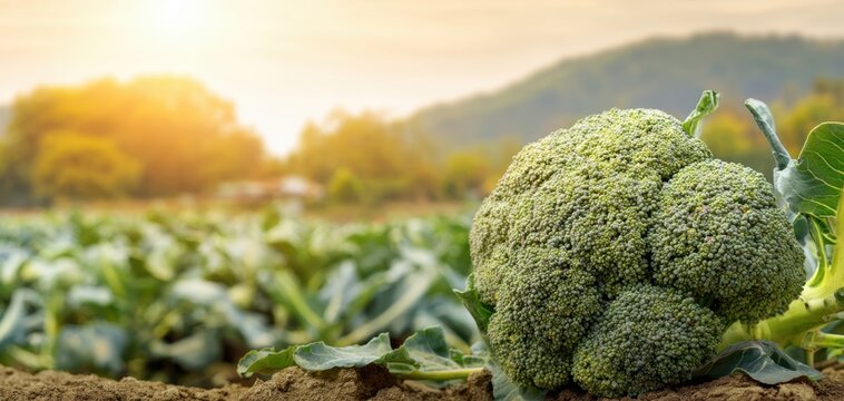The Broccoli Head In A Sunlit Farm Field At Golden Hour
