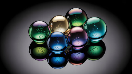Colorful translucent spheres with tiny internal bubbles on a reflective dark surface with elegant st