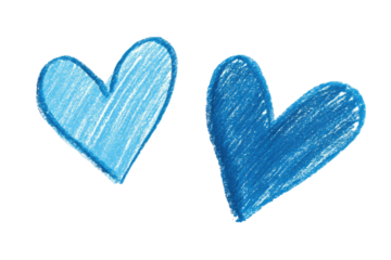 Two blue crayon hearts in different shades against a black background