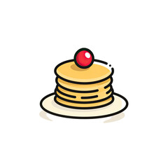 Stack of cartoon pancakes, topped with a cherry, sitting on a plate against a black backdrop