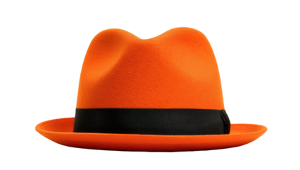Isolated bright orange fedora with a black band, shot against a solid black background