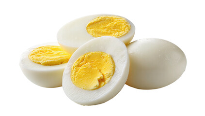 Close-up of cooked, peeled eggs, cut in half to show yellow yolks
