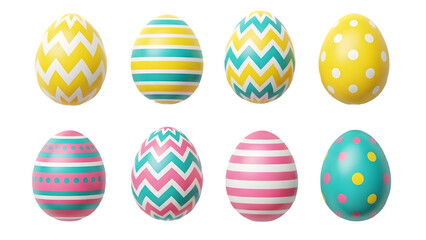 Easter eggs decorated in various colors and patterns isolated on transparent background