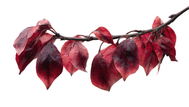 Close-up of a bare tree branch with red and maroon autumn leaves against a black background - Powered by Adobe