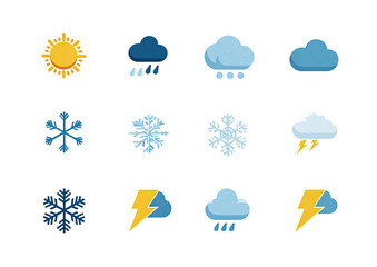 Obraz premium Icons displaying various weather conditions sunny, rainy, cloudy, snowy, and thunderstorms