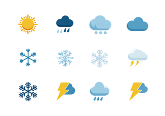 Icons displaying various weather conditions sunny, rainy, cloudy, snowy, and thunderstorms