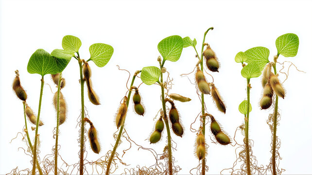 Young soybean seedlings with hairy pods and visible roots in bright studio lighting, fresh green cotyledon leaves and natural texture evoke organic growth and agricultural research