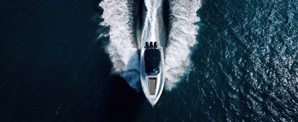The Yacht Cutting Through Deep Blue Ocean Water Leaving Dramatic Sunlit White Wake