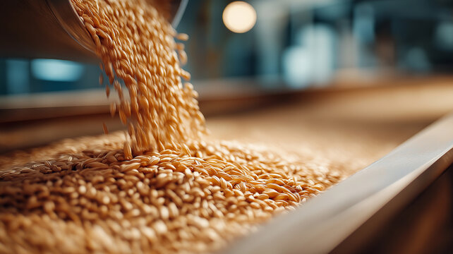 Golden wheat grain pouring into hopper, close up of cereal seeds in processing, warm industrial lighting and shallow depth of field conveying motion and abundance