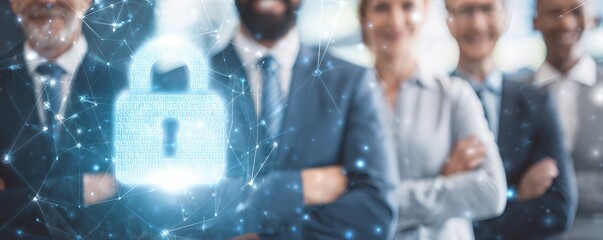 A group of professionals stands behind a digital lock symbol, representing security and teamwork in a modern business environment.