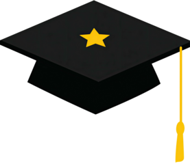 A black square graduation cap with a golden star and a long tassel on a solid black background