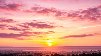 Fototapeta premium Golden Morning Sunrise over Misty Terrain with Soft Pink-Yellow Clouds, Tranquil Trees and Distant Houses, Symbolizing Hope and Renewal