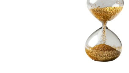 A clear glass hourglass filled with gold sand, pouring onto the bottom, against a stark black background