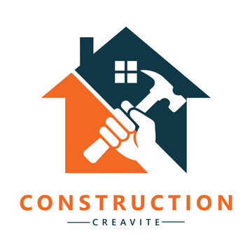 Construction logo with house hammer and hand on white background