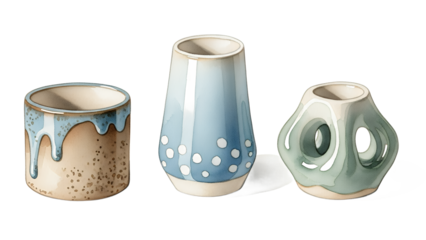 Assorted ceramic pen holders displayed together on a plain background showcasing various designs and colors