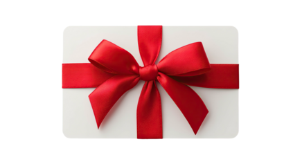 Top-down view of a rectangular gift card wrapped with a vibrant red satin ribbon