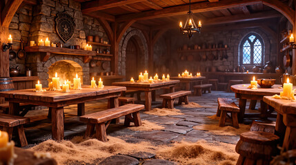 Obraz premium Cozy Fantasy Medieval Tavern Feast Hall with Stone Walls, Wooden Tables, Candlelit Ambience, Shield and Rustic Fireplace