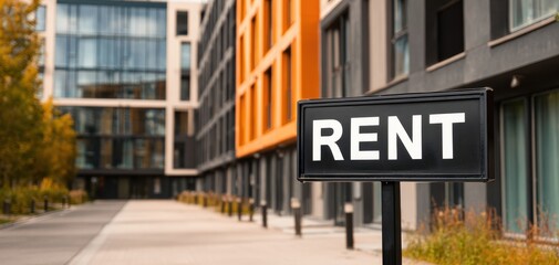 Obraz premium The Rent Sign Outside Modern Urban Apartment Building Emphasizing Vacancy And Leasing Opportunity
