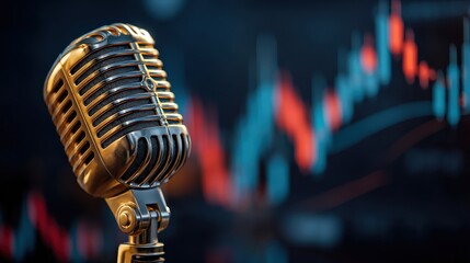 A vintage microphone in the foreground with colorful soundwave graphs in the background, symbolizing music or broadcasting.