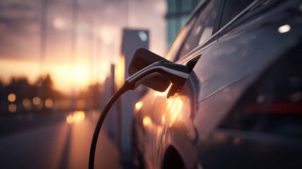 A close-up of an electric vehicle charging at a station, with a beautiful sunset in the background, highlighting the transition to sustainable transportation.