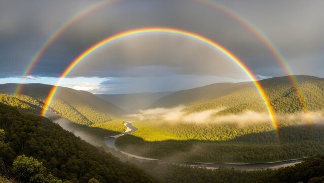 Double rainbow over serene forest landscape with winding river - Powered by Adobe