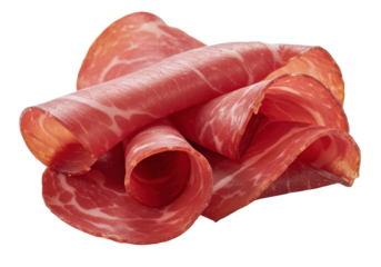 Delicate, thinly sliced deep red Italian bresaola, wavy texture, piled organically on matte white surface, pristine clean studio background, gourmet food marketing concept