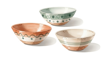 Three ceramic bowls with unique designs and patterns on a plain surface viewed from above