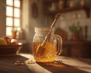 Honey Drink In Glass Jar On Wooden Table