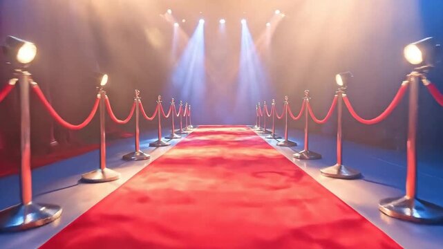 Elegant red carpet illuminated by spotlights, creating a glamorous and inviting atmosphere.