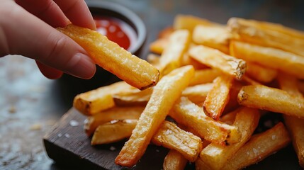 Golden Fries Plate Tempting Close-Up of Crispy French Fries with Ketchup on Rustic Wooden Board