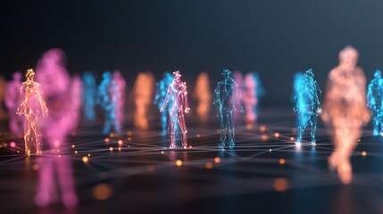 A digital representation of people in a networked environment, showcasing vibrant colors and abstract forms, symbolizing connectivity and technology.