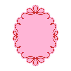 Pink oval scalloped frame with red decorative curly line. Romantic border with flourishes for Valentine's Day, wedding, or greeting cards. Cute label for scrapbooking and design. Vector illustration
