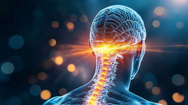 Glowing cervical spine neck pain spinal cord brain connection medical illustration neural pathway human anatomy sci tech medical concept