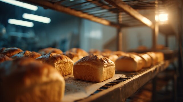Industrial mixer softly running in the background of a commercial bakery as golden bread loaves cool on metal racks in predawn hours.