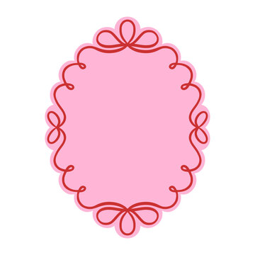 Pink oval scalloped frame with red decorative curly line. Romantic border with flourishes for Valentine's Day, wedding, or greeting cards. Cute label for scrapbooking and design. Vector illustration