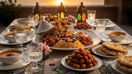 Elegant and modern Ramadan Iftar dinner spread featuring traditional Middle Eastern cuisine. The table is set with dates, pita bread, soup, rice with lamb, and appetizers, decorated with lanterns (fan