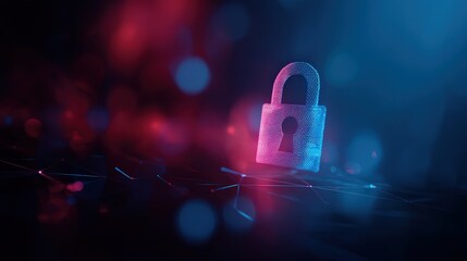 A glowing digital padlock surrounded by vibrant blue and red lights, symbolizing cybersecurity and data protection.