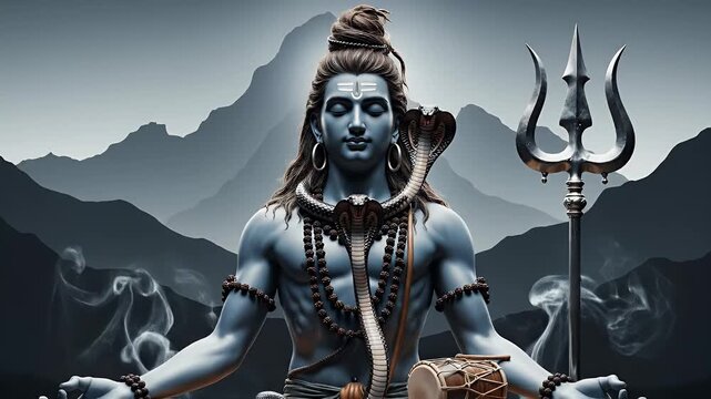 Lord Shiva abstract Himalaya silhouettes background with cool gray gradient