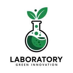 Laboratory green innovation logo with beaker and leaves on transparent background