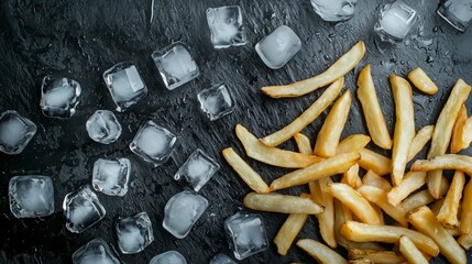 Golden Fried Potatoes and Icy Frozen Cube of Pure Ice on a Black Table A Tempting Contrast