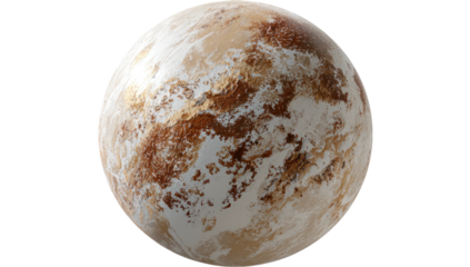 Spherical alien planet with a mottled surface, featuring brown and white patches, isolated