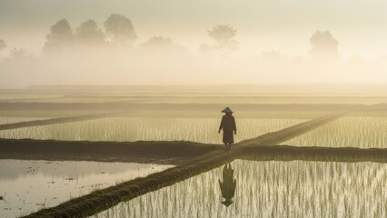 person walking alone in a rice field at sunrise