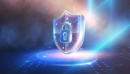 Network security system, cloud, neon. Personal data information. Information and cybersecurity technology services. Internet technologies.