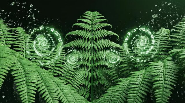 Sunlight filters through a tropical forest to highlight the intricate texture and growth pattern of green fern leaves in a macro foliage detail